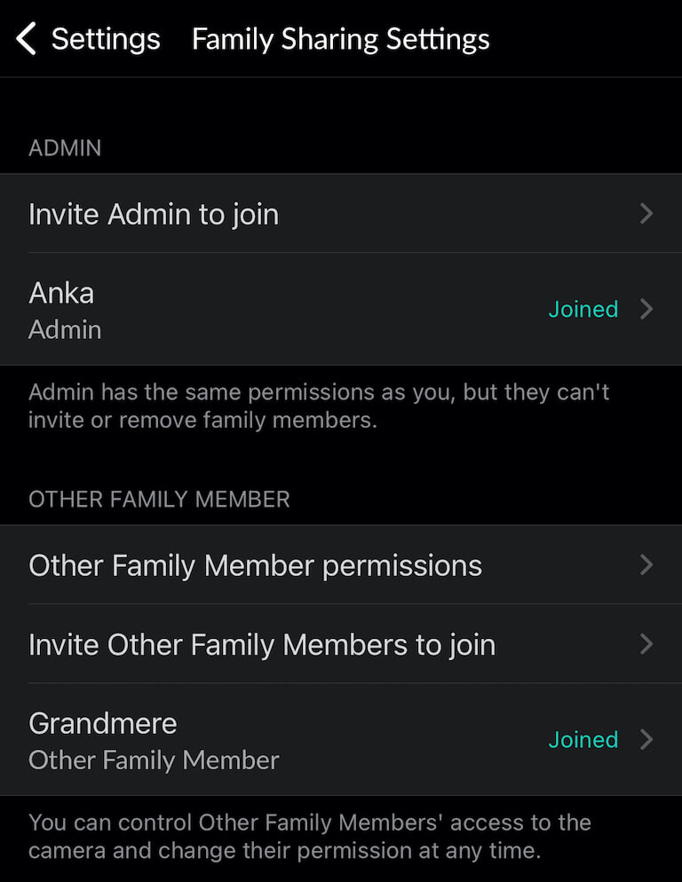 Family sharing settings screenshot from the Cubo AI iPhone app