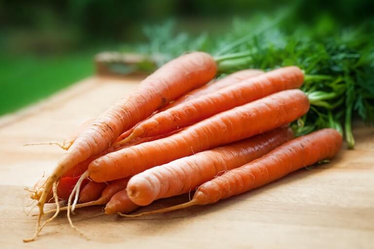 A bundle of carrots on a table